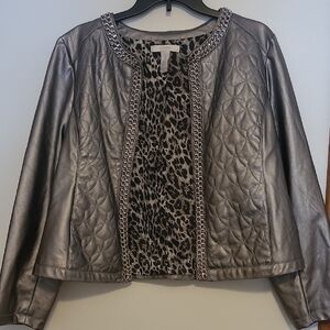 Chicos Womens Gray Metallic Jacket With Silver Chain Accent SZ 2 /L